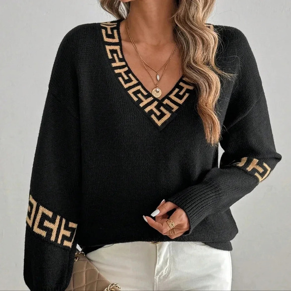 Geometric Pattern V-Neck Black Long Sleeve Pullover Sweater